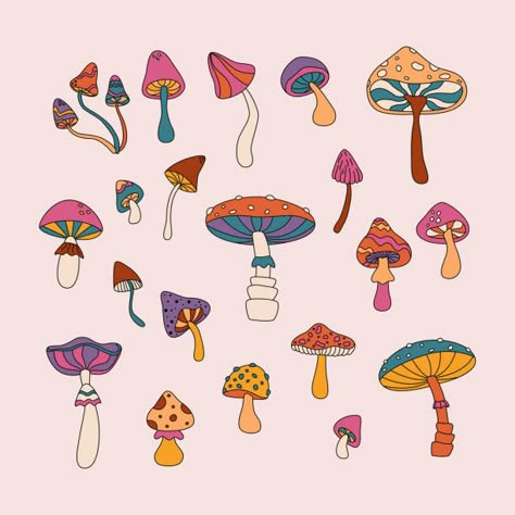 Mushroom Garden Illustration, How To Draw Cartoon Mushrooms, Mushroom Tops Drawing, Fun Mushroom Art, Mushroom Wall Drawing, Animated Mushroom Drawing, Mushroom Types Drawing, Mushroom Posca Art, Simple Mushroom Illustration