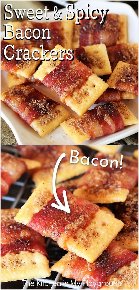 Sweet & Spicy Bacon Crackers Spicy Bacon Crackers, Bacon Crackers, Spicy Crackers, Bacon Cracker, Crackers Appetizers, Spicy Bacon, Club Crackers, Bacon Appetizers, Tailgating Recipes