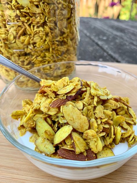 Golden Spice Granola in a dish over Greek yogurt Spicy Granola, Turmeric Granola, Plan Board, Golden Milk Latte, Golden Milk, Fruit Breakfast, Granola Recipes, Homemade Granola, Breakfast Items