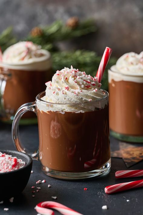 Boozy Peppermint Hot Chocolate, Hot Chocolate Peppermint, Candy Cane Hot Chocolate, Peppermint Hot Chocolate Recipe, Boozy Hot Chocolate, Peppermint Dessert, Baker By Nature, Peppermint Hot Cocoa, Drinking Chocolate