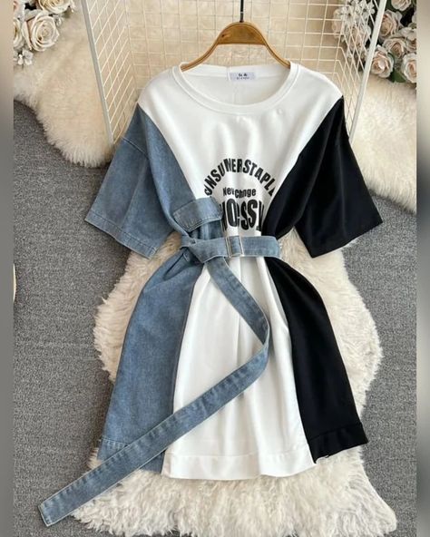 **Fabric:** Imported from China, fully stretchable **Bust Size:** Free up to 40" **Length:** 35" **Price:** Rs 999 - Free Shipping 🚚 DM to book yours now! #KoreanFashion #DenimDress #PatchworkDress #FashionTrends #StyleInspo #OOTD #FashionSale #TrendyOutfits #FreeShipping #AffordableFashion Mini Dress Summer Casual, Slim Blouse, Denim Print, Street Dress, Denim Shirts, Patchwork Denim, Shirts Vintage, A Line Shorts, Tshirt Skirt