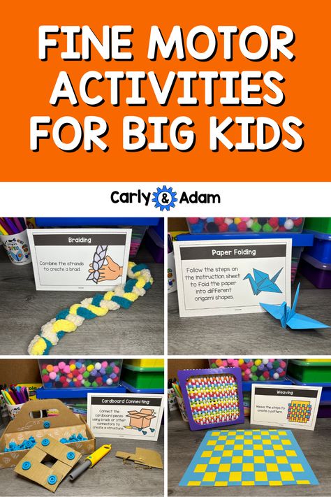 For older children, fine motor skills are essential for activities such as writing, typing, and using tools, all of which are foundational for academic success and future careers. Here are 12 engaging fine motor skills centers:.

12 Fine Motor Skills for Big Kids

Paper Folding

Cardboard Construction

Weaving

Cardboard Connecting Without Tape

Tying Knots

Paper Construction

Paper Airplanes

Cardboard Cutting

Play Dough Mazes

Cardboard Connecting with Tape

Tower Building

Braiding Task Ideas, Fun Lesson Plans, Cardboard Construction, Fine Motor Activities For Kids, Fine Motor Skills Development, Fine Motor Skills Activities, Motor Skills Activities, Tower Building, Kids Focus