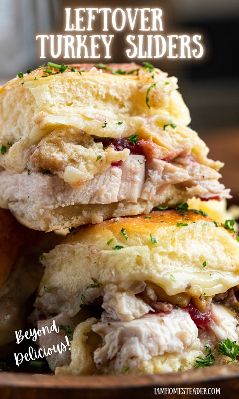 Leftover Turkey Sliders give you all the flavors and components of a Thanksgiving dinner at your fingertips. Turkey Recipes, Turkey Sliders, Loaded Turkey Sliders, Sliders, Slider Recipes, i am homesteader, iamhomesteader, Thanksgiving, Christmas, holidays, leftovers Marinated Sandwiches, Turkey Leftover Sliders, Turkey And Stuffing Sliders, Turkey Stuffing Sliders, Thanksgiving Sliders Recipes, Turkey Sliders Thanksgiving, Leftover Turkey Tenderloin Recipes, Turkey And Dressing Sliders, Mini Turkey Sliders