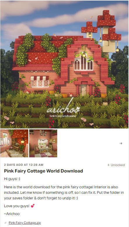 Hi guys! The world download of my pink fairy cottage is now available on my Patreon. If you are interested in this building and in supporting me click on the picture. Love you all & have a great day/night! 🥰 #cottagecoreminecraft #cottagecore #cottage #minecraftcottage #minecraftaesthetic #aesthetic #aestheticminecraft #minecraft #mizunos16craft #patreon #fairy #fairycore #pixie #magic #support #contentcreator Strawberry Shortcake Minecraft, Minecraft Magical Forest, Minecraft Witch Cottage, Fairy Cottage Minecraft, Minecraft Fairy Cottage, Minecraft Fairy Village, Minecraft Cherry Blossom House, Minecraft Greenhouse, Minecraft Mountain House