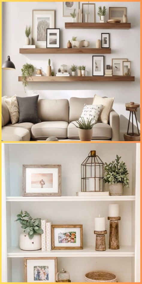 Update your living room shelf decor with small wall solutions. Use black floating shelves for a bold contrast against white walls, creating a dynamic and modern look. Single Floating Shelf Decor Living Room, Floating Shelves Over Sofa, Floating Shelf Placement Ideas, Multi Shelf Decor, Styling Picture Shelves, Styled Floating Shelves, White Shelves Living Room, Living Room Wall Shelf Ideas, Floating Shelf Over Couch