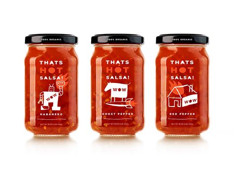 Wow Thats Hot Salsa! Packaging by James Strange Salsa Packaging, Salsa Jar, Strange Design, Hot Salsa, Drink Design, Ghost Peppers, Drinks Design, Sauce Tomate, Salt And Pepper Shaker