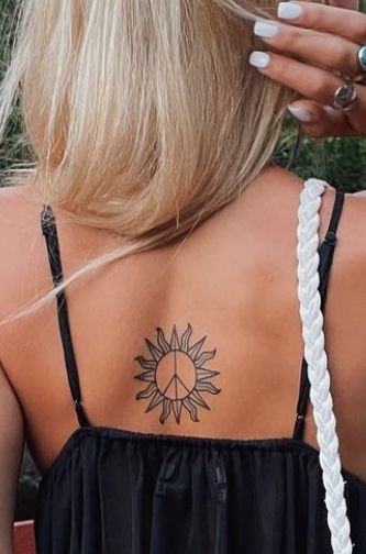 Boho Hippy Tattoo, Matching Hippie Tattoos, Hippie Sleeve Tattoo, Hippy Tattoos For Women, Peace Sign Tattoo Hippie, Hippie Back Tattoo, Modern Tattoos For Women, 311 Tattoo, Hippie Tattoos For Women