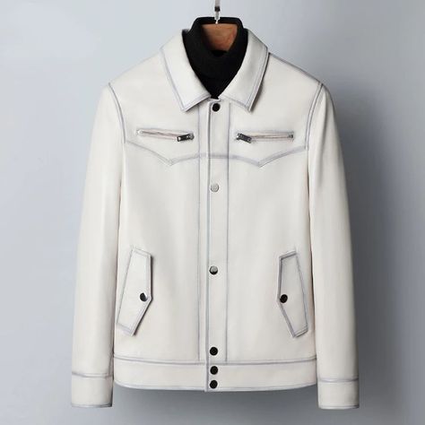 Korean Jacket, White Korean, Leather Coats, Jacket For Men, Genuine Leather Jackets, White Jacket, Leather Jackets, Leather Coat, Chef's Jackets