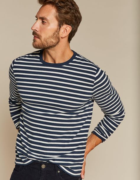 Men’s long sleeve breton stripe t-shirt Mens Breton Stripe Outfit, Long Sleeve Striped Shirt Outfit, Breton Stripes Outfit, Long Sleeve Tshirt Outfit, Striped Tshirt Outfits, Striped Shirt Outfit Men, Jam Room, Striped Tshirt Men, Outfits With Striped Shirts