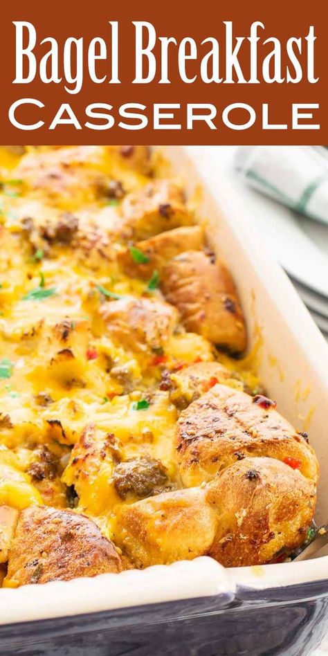 Bagel Casserole, Bagel Breakfast Casserole, Cheese Bagel Sandwich, Egg And Cheese Bagel, Breakfast Casserole With Sausage, Casserole With Sausage, Meatless Breakfast, Bagel Breakfast, Make Ahead Breakfast Casserole