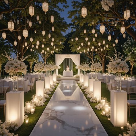 Create a sophisticated outdoor wedding with glowing lanterns, white candles, floral arrangements, and soft hanging lights, all illuminated by warm lighting for a perfect elegant atmosphere.  #OutdoorLightingWedding #AllWhiteWedding #GardenWedding #ElegantWedding Glam Outdoor Wedding Reception, After Party Venue Wedding, Cute Wedding Venues Outside, Outdoor Glam Wedding, Wedding Tree Lighting, Outdoor Lights Wedding, Wedding Styles Themes Elegant, Light Theme Wedding, Garden Wedding Ideas Elegant