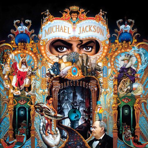 Artist Mark Ryden went all out on the symbolism for the album cover of Michael Jackson’s 1991 album, Dangerous. The cover features Jackson peering from behind a circus-inspired foreground. On the right sits a dog wearing the crown and robe of Napoleon on His Imperial Throne, while a bird king sits on the left. Possible … Album Cover Art, Michael Jackson, Cover Art, Art