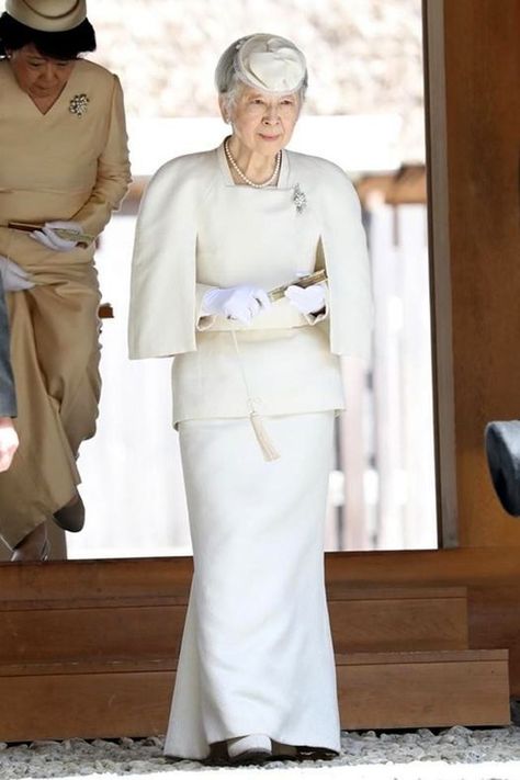 Japan's Empress Emerita at the 100th anniversary of the establishment of the Meiji Shrine on November 1, 2020. Although dominant in age, she led the way with her trademark clothing: a square-necked cloak-style suit with matched cap. Since Emperor Akihito announced his abdication in the previous year, Michiko, who is Empress Emerita (Jōkōgō Heika) since, has retired with her husband behind the scenes and has been taking care of her life. Empress Michiko, Meiji Shrine, 100th Anniversary, November 1, Lead The Way, Previous Year, Cloak, Japan