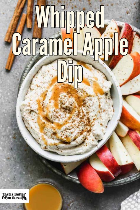 Whipped Caramel Apple Dip with fresh apple slices, a delicious and easy homemade dessert. Fluffy Apple Dip, Caramel Apple Fluff Dip, Apple Dip Caramel, Apple Slice Dip, Fluffy Caramel Apple Dip, Creamy Caramel Apple Dip, Caramel Dip Recipe, Dip For Apples Easy, Toffee Dip For Apples