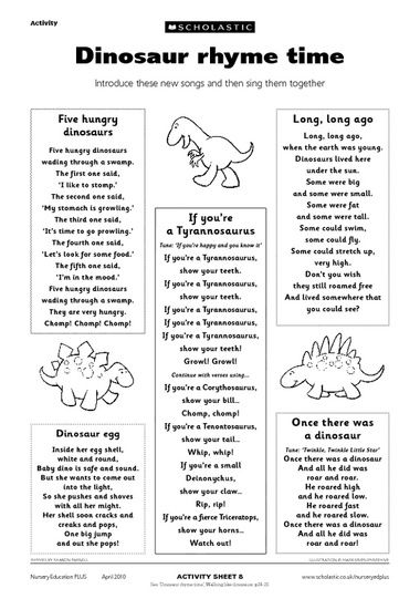 http://images.scholastic.co.uk/assets/a/e1/b9/ne0410a2iiback4-inp-1-522255.pdf Music Theme Preschool, Dinosaur Rhymes, Dinosaur Poem, Dinosaur Songs, Preschool Dinosaurs, Early Years Teaching, Dinosaur Preschool, Dinosaur Lesson, Dinosaur Week