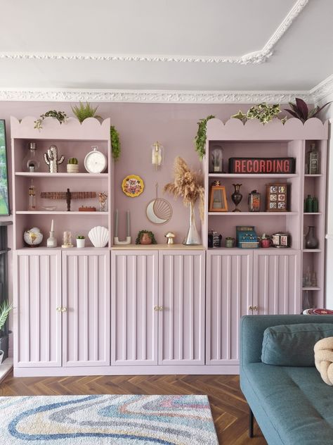 Tour a Colorful UK Home Packed With Clever IKEA Hacks & DIYs | Apartment Therapy Built In Cupboard And Shelves Living Room, Wall Built In Shelves, Built In Cupboards Living Room, Built In Buffet Dining Room, Lilac Decor, Lilac Wine, House Basement, Cupboard Paint, Ikea Built In