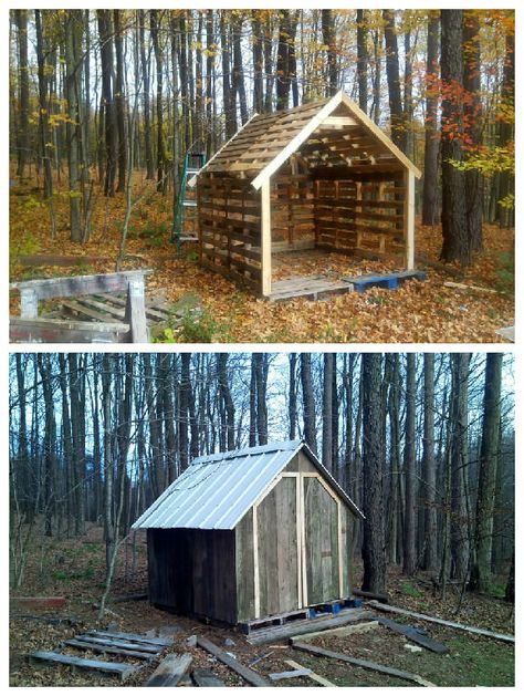 #Garden, #PalletShed, #RecycledPallet Needed inexpensive storage so I framed my shed by using old repurposed wooden pallets. Pallet Playhouse, Pallet Building, Pallet Shed, 1001 Pallets, Pallet House, Wooden Pallet Furniture, Pallet Designs, Small Backyard Gardens, Pallet Creations