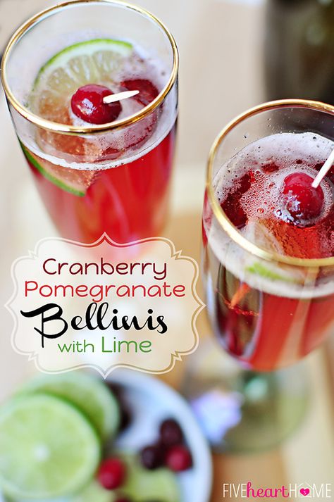 Cranberry Pomegranate Bellinis with Lime (Cocktail or Mocktail) ~ this pretty red drink gets its color from fruit juice, is perfect for Valentine's Day, and can be made with champagne or seltzer | FiveHeartHome.com Cranberry Pomegranate, Red Drinks, Punch Ideas, Tasty Drinks, Red Bone, Sparkling Drinks, Holiday Brunch, Christmas Brunch, Winter Drinks