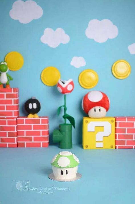 Mario cake smash! Super Mario Photo Shoot, Super Mario Smash, Nintendo Birthday, Super Mario Brothers Birthday, Mario Brothers Birthday Party, Mario Theme, Super Mario Bros Birthday Party, Super Mario Cake, Super Mario Bros Party