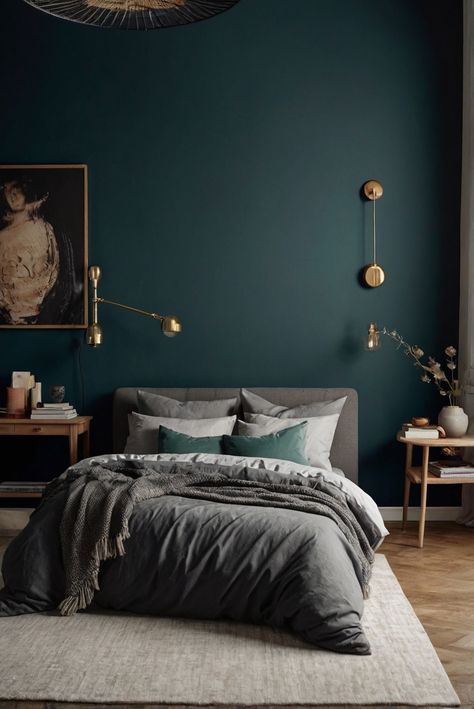 decorating interiors, interior bedroom design, kitchen designs, living room interior Dark Green Room Ideas, Dark Turquoise Bedroom, Color Drenching Bedroom, Cozy Bedroom Ideas For Couples Romantic, Grey Blue Bedroom, Bedroom Dark Green, Barndo Interior, Grey Green Bedrooms, Blue Green Bedrooms