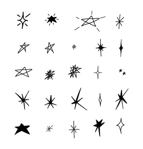 Free Vector | Hand drawn sparkling star collection Drawn Star Tattoo, Y2k Stars Drawing, Star Hand Drawing, Y2k Hand Drawing, Y2k Star Drawing, Star Doodle Tattoo, Star Sketch Drawing, Trans Symbol Tattoo, Doodle Symbols