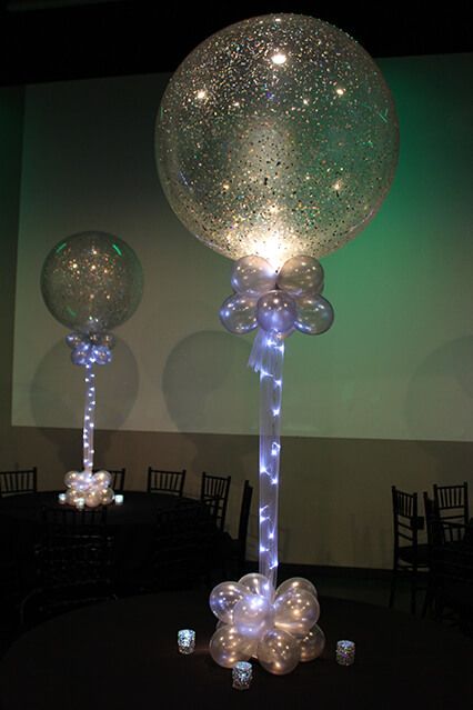 Silver Sparkle Balloon Silver Sparkle Balloons with Tulle & Lights Balloons With Tulle, Balloon Inside Balloon, Tulle Lights, Glitter Balloons, Balloon Centerpieces, Sweet 16 Parties, Wedding Balloons, Silver Sparkle, Balloon Art