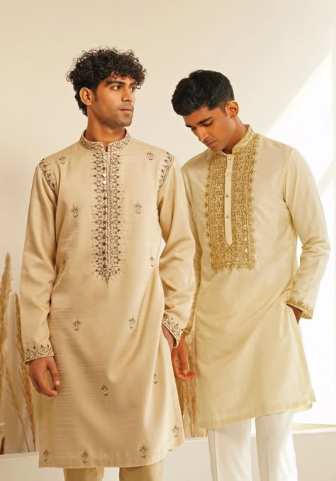 Beige Gold Chinese Collar Kurta Set Shreyansh - Fabilicious Fashion Indian Designer Suits For Men, Ethnic Wear For Men Wedding, Indian Kurta Aesthetic, Pathani Kurta For Men Wedding, Shaadi Outfits For Men, Indian Wedding Outfit Men, Kurta Outfits For Men, Indian Men Wedding Outfit, Men’s Kurta