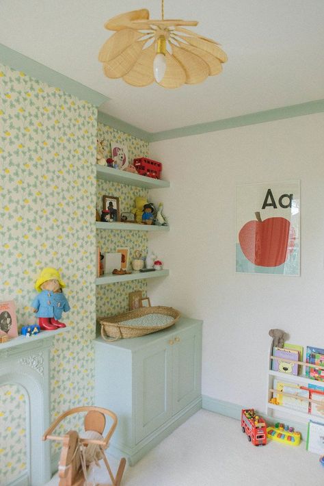 Gender Neutral Playroom Wallpaper, Nursery Alcove Ideas, Fun Bright Nursery Ideas, Happy Nursery Ideas, Zoe Sugg Nursery, Colorful Eclectic Nursery, Bright Baby Nursery, Colorful Vintage Nursery, Baby Nursery Colorful