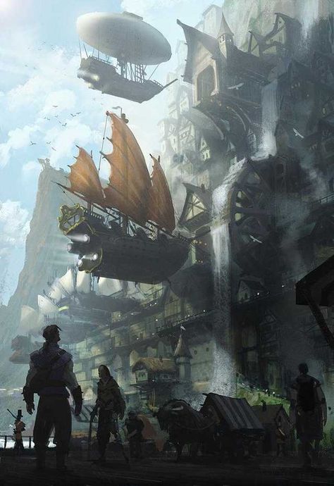 D&D ideas :: Airships... Does your game have them? - Imgur Ville Steampunk, Steampunk Kunst, Steampunk City, Steampunk Airship, Steampunk Pirate, Art Steampunk, Concept Art World, Diesel Punk, Fantasy City