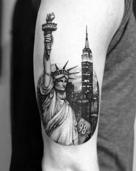 Empire State Building Tattoo, Statue Of Liberty Tattoo, Building Tattoo, Ukrainian Tattoo, Herren Hand Tattoos, Liberty Tattoo, State Tattoos, Empire Tattoo, New York Tattoo