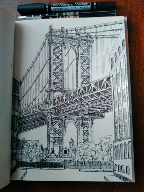 Manhattan Bridge Drawing, Drawing Proportions, Bridge Drawing, Fruit Art Drawings, Architect Drawing, Bridge Art, Manhattan Bridge, Nyc Art, Perspective Art