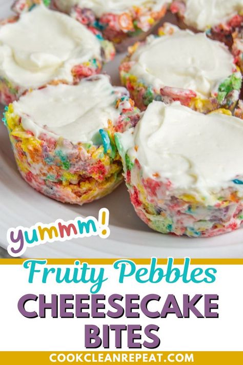 Looking for a tasty and colorful snack to make? Then you're going to want to try these colorful Fruity Pebbles cheesecake bites today! Fruity Pebbles Cheesecake, Fruity Pebble Cheesecake, Dessert Pizza Fruit, Snack To Make, Fruity Pebbles Cereal, Cheesecake Bites Recipe, Cereal Dessert, Cheesecake Lovers, Snacks To Make