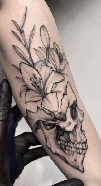 Skull With Lily Tattoo, Lilly Tattoo Sleeve For Women, Floral Palm Tattoo, Masculine Lily Tattoo, Skull And Lily Tattoo, Lily Tattoo Design For Men, Lilly Sleeve Tattoo, Lily Skull Tattoo, Lilly Tattoo Men