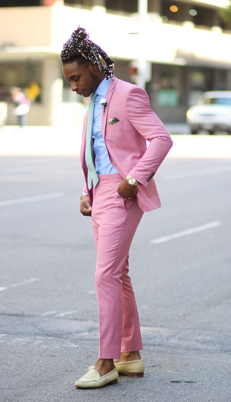 mens-pink-suit Loafers With Jeans, Pink Suit Men, Pink Suits, Pink Tuxedo, Neon Prom Dresses, Mens Dress Outfits, Suit Pin, Suit Ideas, Black Jeans Outfit