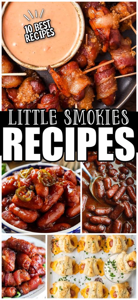 Little Smokies Recipes are ideal for appetizers or finger foods and can be made with many different delicious flavors! Lil Sausage Appetizers, Smokies Recipe Appetizers, Smokie Recipes Sausages, Baby Sausage Recipes, Small Hot Dog Appetizers, Best Little Smokies Recipe, Quick And Easy Finger Food Ideas, Small Sausages Recipes, Little Smokie Appetizer Recipes