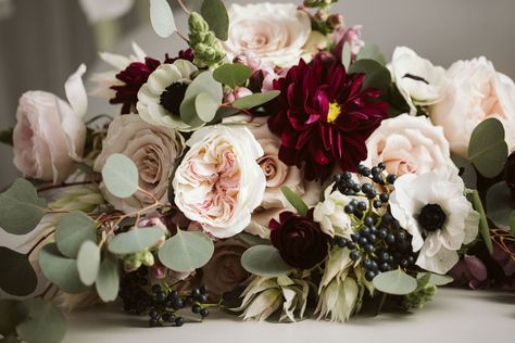 i love garden roses and maybe a pop of deep maroon???? Anemone Rose Wedding Bouquet, Burgundy Anemone Bouquet, Anemone And Red Rose Bouquet, Red Anemone Bouquet, Burgundy And Blush Cascade Bouquet, Burgundy Dahlia, Blush Bridal Bouquet, Blush Bouquet, Dusty Rose Wedding