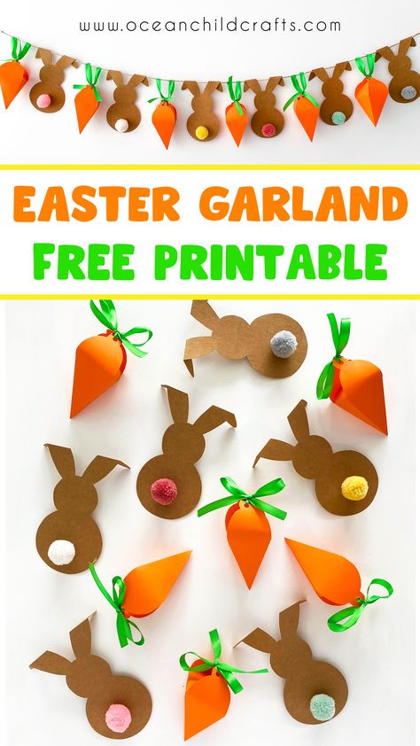 DIY Easter garland, super fun paper craft activity for kids. You can find the step by step craft instructions on our website as well as the FREE craft template of the paper bunnies and carrots. This craft is perfect for spring and Easter. Happy crafting! Easter Paper Garland, Easter Paper Crafts Free Printables, Easter Paper Decorations, Card For New Year, New Year Card Ideas, Carrot Garland, New Year Card Making, Paper Carrots, Card For Love