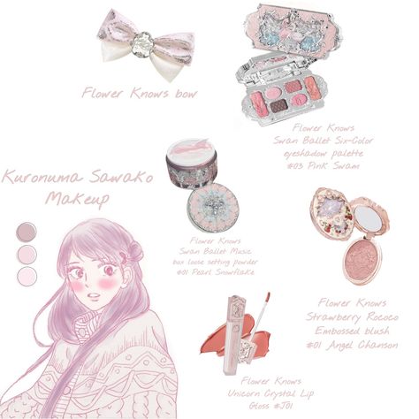 Kuronuma Sawako palette 🤍 Everything is from @flowerknows_global --------------- 🌹 🌹 🌹 - Flower Knows Bow - Swan Ballet Six Colors Eyeshadow Palette - 03 Pink Swan - Swan Ballet Music Box Loose Setting Powder - 01 Pearl Snowflake - Strawberry Rococo Embossed Blush - 01 Angel Chanson - Unicorn Crystal Lip Gloss - J01 🌹 🌹 🌹 --------------- #fyp #fypage #fypシ #fypシ❤️💞❤️ #kbeauty #kbeautyblogger #kbeautyreview #jbeauty #skincare #makeup #makeuplove #kbeautyproducts #cbeauty #flowerknows #douy... Shojo Girl Makeup, Kuronuma Sawako Outfits, Shojo Makeup, Shoujo Girl Makeup, Sawako Makeup, Sawako Kuronuma Outfit, Shoujo Makeup, Sawako Kuronuma Icons, Douyin Beauty