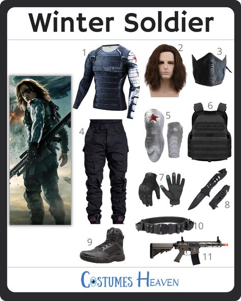 Winter Soldier Costume Female Diy, The Winter Soldier Costume, Diy Winter Soldier Costume, Bucky Barnes Costume, Bucky Arm, Winter Soldier Mask, Black Tactical Vest, Winter Soldier Captain America, Winter Soldier Costume