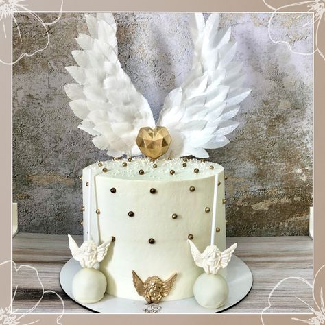 Angel wings made by vafer paper Angel Cake Design, Angel Birthday Cake, Angel Wing Cake Topper, Angle Cake, Angel Wings Cake, Elegant Birthday Cake, Angel Birthday, Cat And Dog Photos, Paw Patrol Birthday Theme