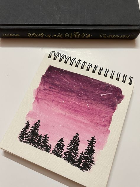 Pink Sky Watercolor, Pink Sky Painting Easy, Oil Pastel Drawings Easy Scenery, Shooting Star Painting, Scenery Painting Easy, Pink Night Sky, Night Sky Watercolor, Pink Backround, Sky Watercolor