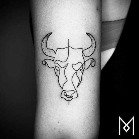 Ox Tattoo, Taurus Bull Tattoos, Taurus Constellation Tattoo, Mo Ganji, Cow Tattoo, One Line Tattoo, Single Line Tattoo, Bull Tattoos, Taurus Tattoos