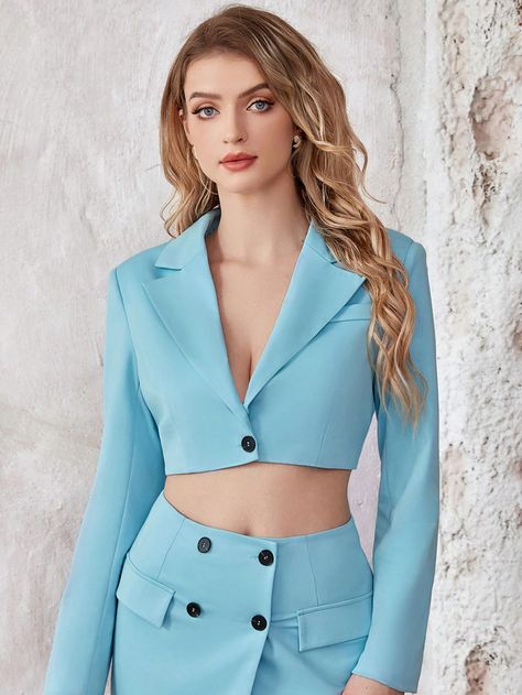 Bleu ciel Élégant Collar Manches longues Étoffe Unicolore Classique Embellished Extensibilité légère Crop Blazer, Blazers For Women, Fabric Care, All Fashion, Blazer, Wardrobe, Fashion Outfits, Long Sleeve, Clothes For Women