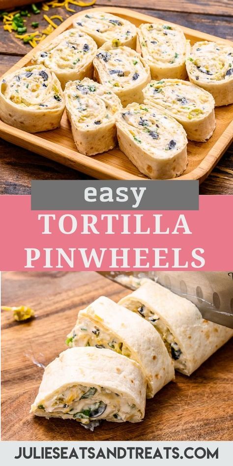 Looking for a new appetizer for parties? These Tortilla Pinwheels are just what you need. Bite sized pinwheels stuffed with a creamy mixture of cream cheese, black olives, green chiles, cheese spread on a tortilla, then rolled up, chilled and sliced. Tips and tricks to get the perfect pinwheel with tons of flavor, plus you can make these ahead of time. #pinwheels #tortilla Pinwheel Appetizers Cream Cheese, Cream Cheese Pinwheels, Tortilla Pinwheels, Cream Cheese Roll Up, Small Bites Appetizers, Party Snacks Easy, Pinwheel Appetizers, Roll Ups Tortilla, Pinwheel Recipes