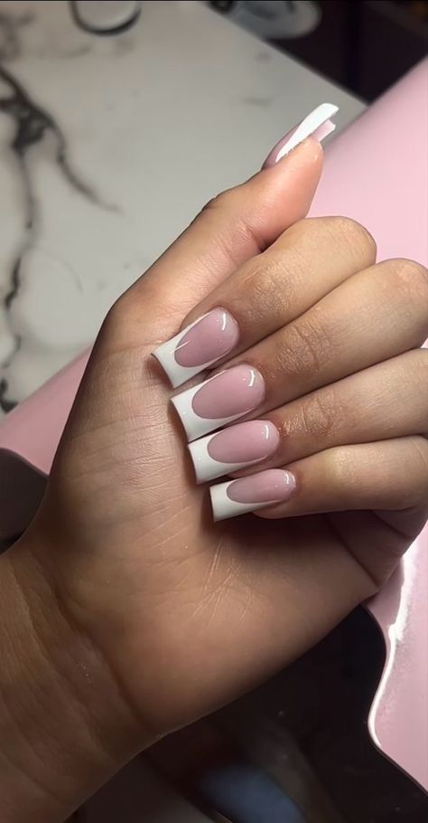 Short Medium Length Nails, Short French Tip, Short French Tip Nails, Long Square Nails, Short French, Acrylic Toe Nails, Girly Acrylic Nails, French Tip Acrylic Nails, Acrylic Nails Designs