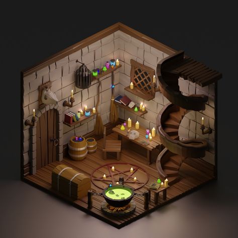 This is a low poly version if a isometric witch lair. Made with blender. Isometric 3d Art, Isometric Art Room, Witch Room Ideas, Witch Lair Concept Art, Witch Games, Blender Isometric, Low Poly Interior, Low Poly Blender, Witch Lair