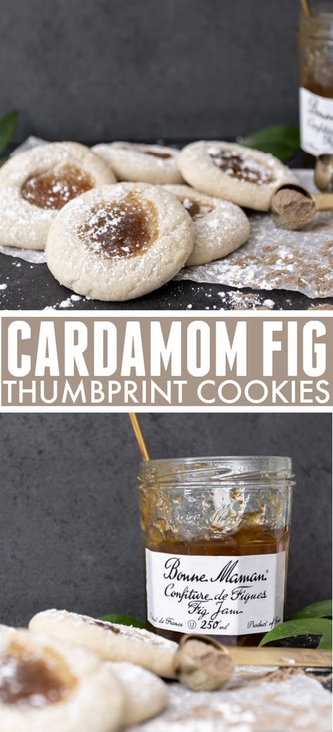 Unique Thumbprint Cookies, Cookies With Fig Jam, Oatmeal Fig Cookies, Fig Thumbprint Cookies, Cardamom Spice Cookies, Interesting Christmas Cookies, Fig Butter Recipe, Cardamon Cookies Holidays, Sweet And Savory Cookies