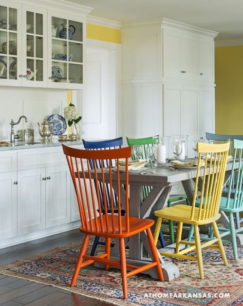 Design by Laura Bartell | Photography by Rett Peek | At Home in Arkansas Magazine | http://www.athomearkansas.com/article/primary-palette #kitchens #colors #contemporary #farmhouse Farmhouse Kitchen Colors, Kitchen Color Palettes, Woven Dining Chairs, Dining Room Colors, Contemporary Chairs, Painted Chairs, Yellow Kitchen, Colorful Chairs, Painting Furniture