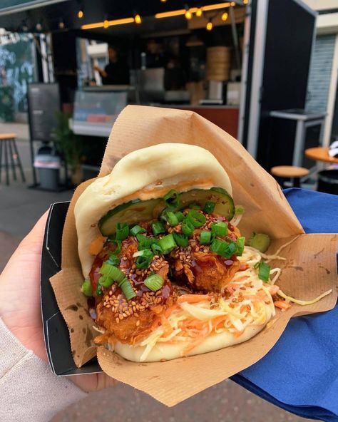 This Chicken Sandwich was delicious, fired chicken on a bao bun. Bao Sandwich, Bao Chicken, Chicken Buns, Bao Buns, Chicken Sandwich, Food Is Fuel, Cafe Food, Food Obsession, Sweet Savory