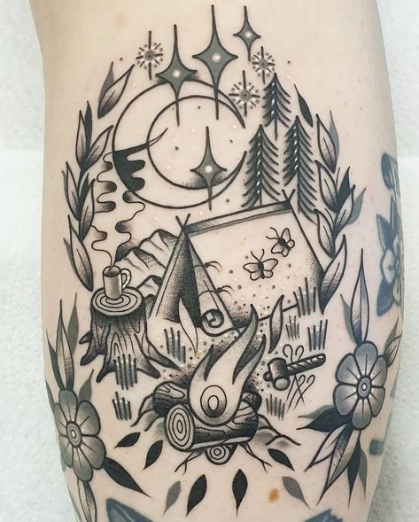 Camping Scene Tattoo, Barney Tattoo, Scene Tattoo, Camping Scene, September 28, New Tattoos, Tattoo Ideas, Black And Grey, Camping